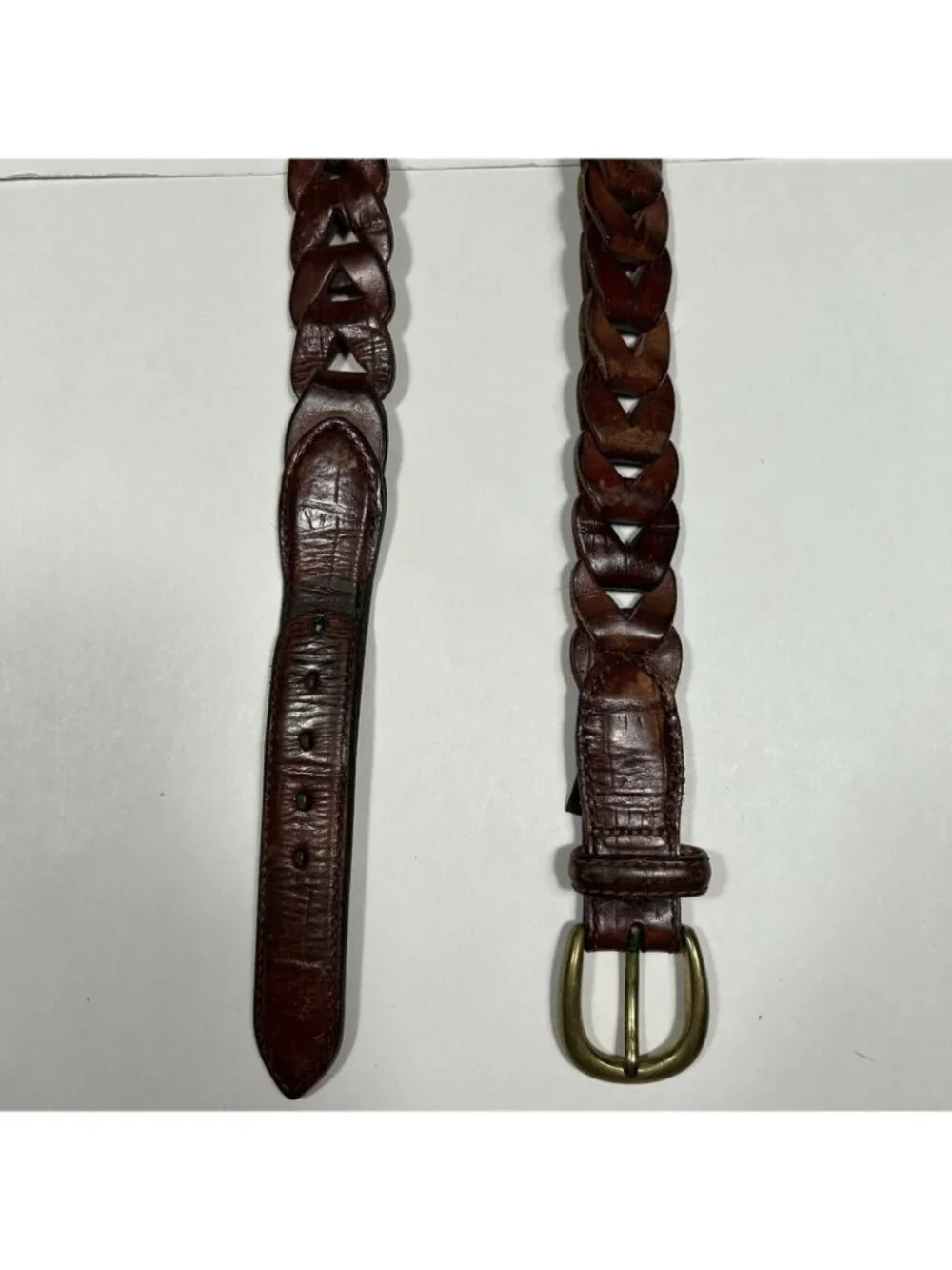 Vintage 1990’s Brighton Brown Braided Leather Belt 9120 Brass Buckle Women Sz 36